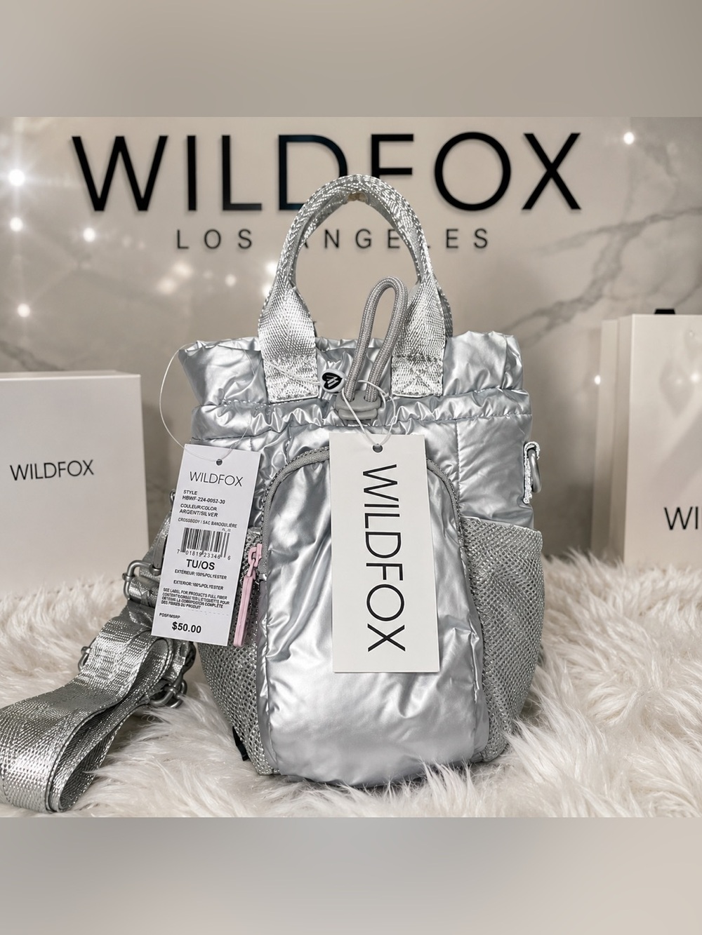NWT WILDFOX Metallic Silver Puffer Crossbody Bag Y2K